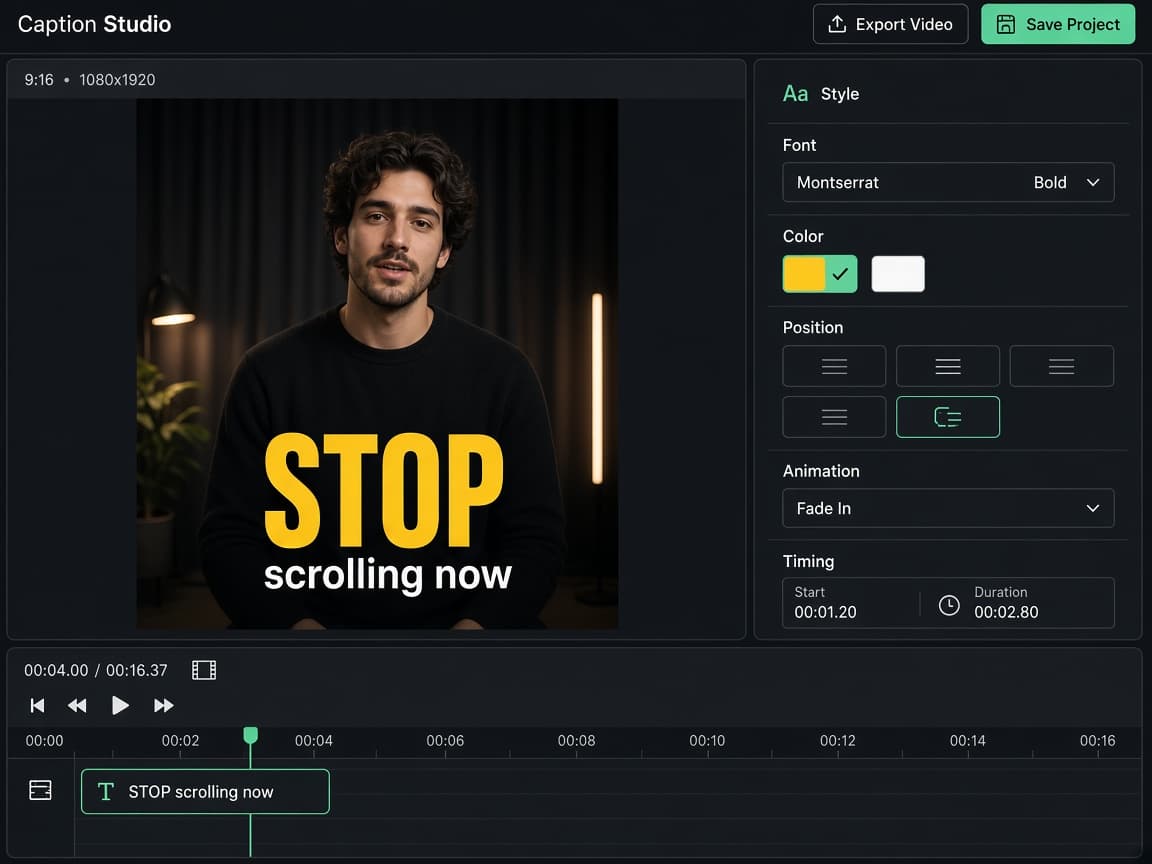 Caption Studio showing a vertical video with highlighted caption words