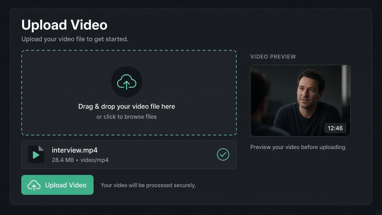 Upload screen with a video ready to caption